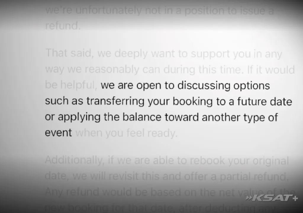 A screenshot of a message from a wedding venue denying a refund and instead offering to transfer the booking to a future date or another event.