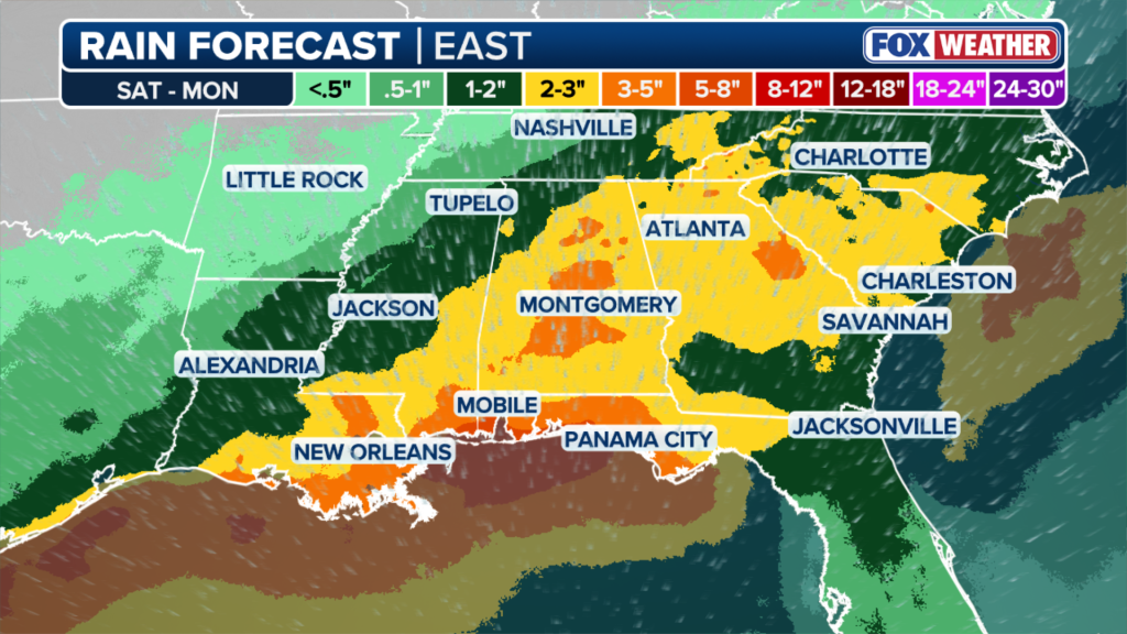 Weather forecast map of the eastern United States displaying predicted rainfall totals from Saturday to Monday, with most areas expecting two to five inches of rain.