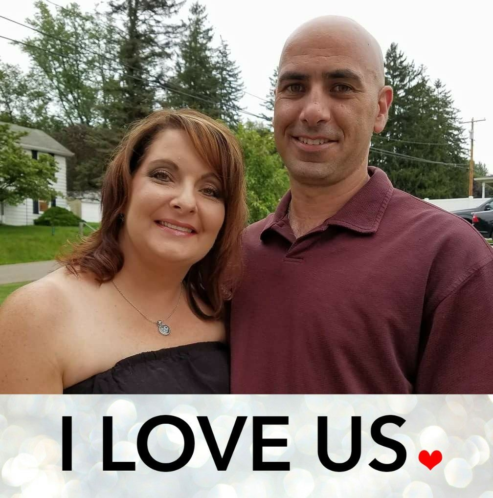 Helen and Corey Comperatore smile together outdoors, with text at the bottom reading 