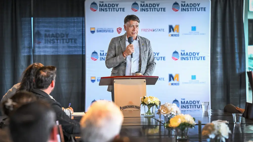 High-Speed Rail CEO Ian Choudri speaks during a meeting hosted by the Maddy Institute at Chukchansi Park.