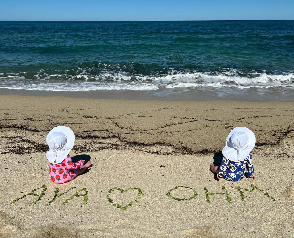 Hilary Swank's twins sit on a sandy beach with the names 