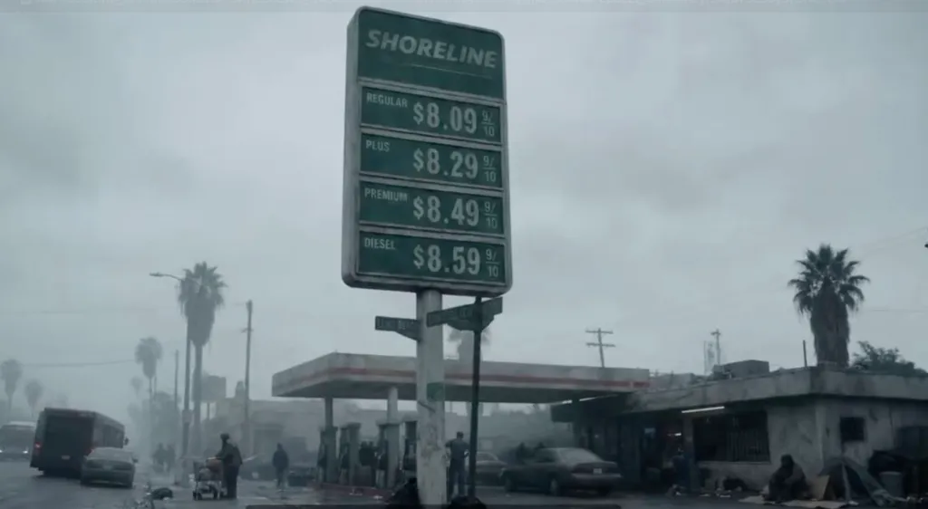 Illustration of a gas station under an overcast sky showing high fuel prices, with regular gas at $8.09 per gallon.