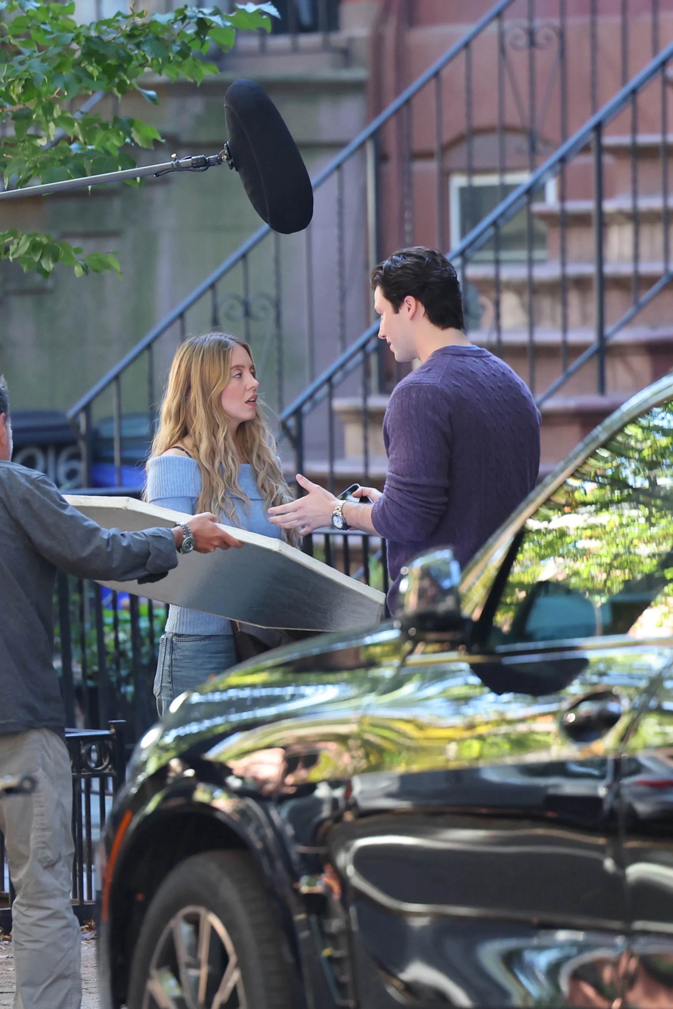 Sydney Sweeney films a scene for The Housemaid's Secret in Hoboken, New Jersey.