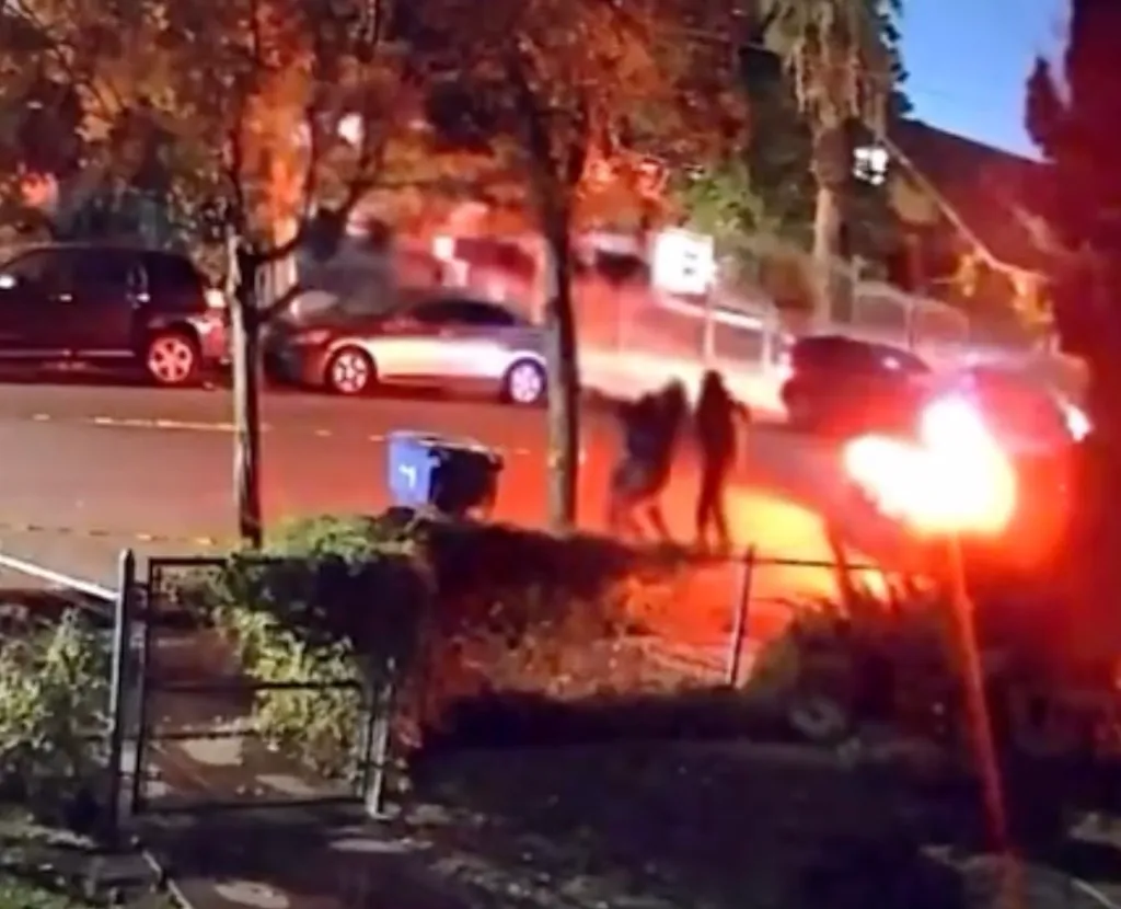 A street-level, low-light image captures a chaotic scene at night with flashes of light, possibly gunfire, near parked cars and trees.