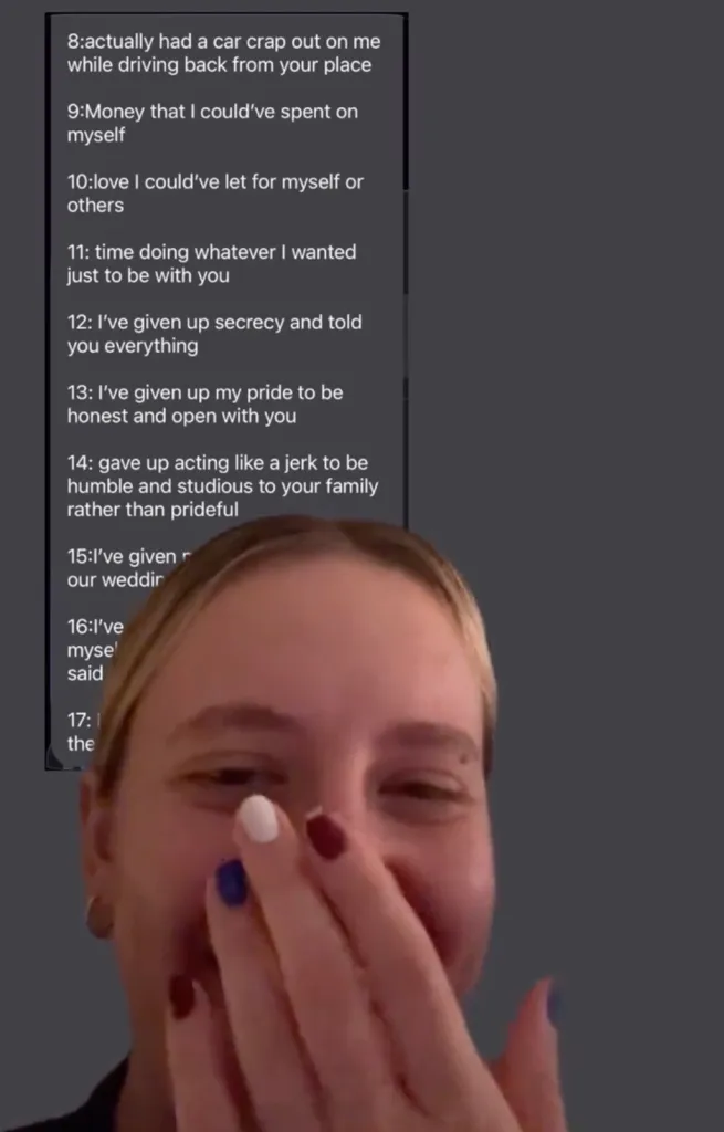 A woman laughing with her hand over her mouth, in front of a long list sent by her ex-husband detailing the marriage sacrifices he made.