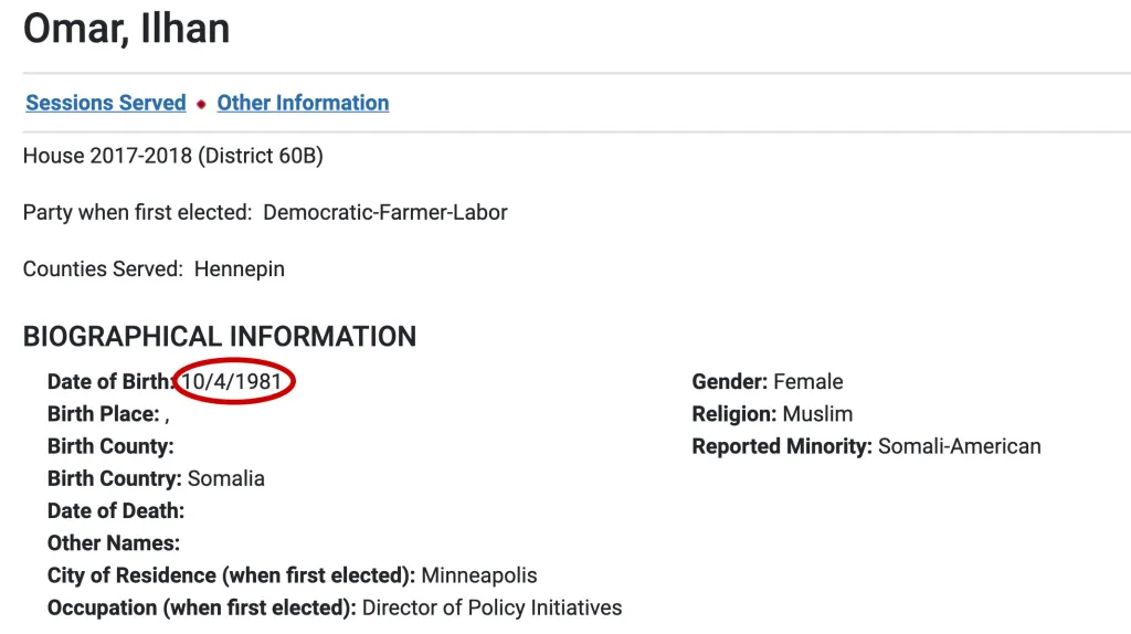 A screenshot of a legislative webpage displaying Ilhan Omar's biographical information, with a red circle highlighting her date of birth.