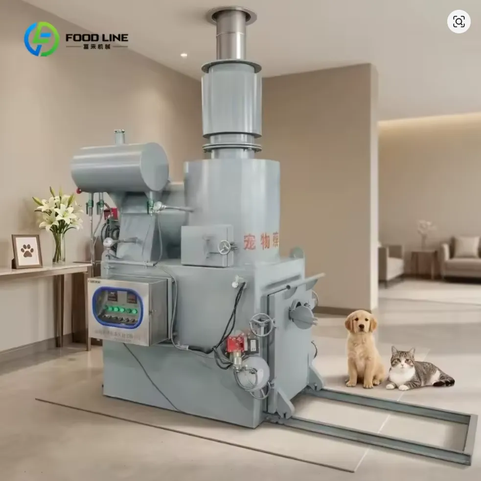 A listing on Alibaba shows a pet crematorium inside a residential living room, accompanied by a dog and cat.