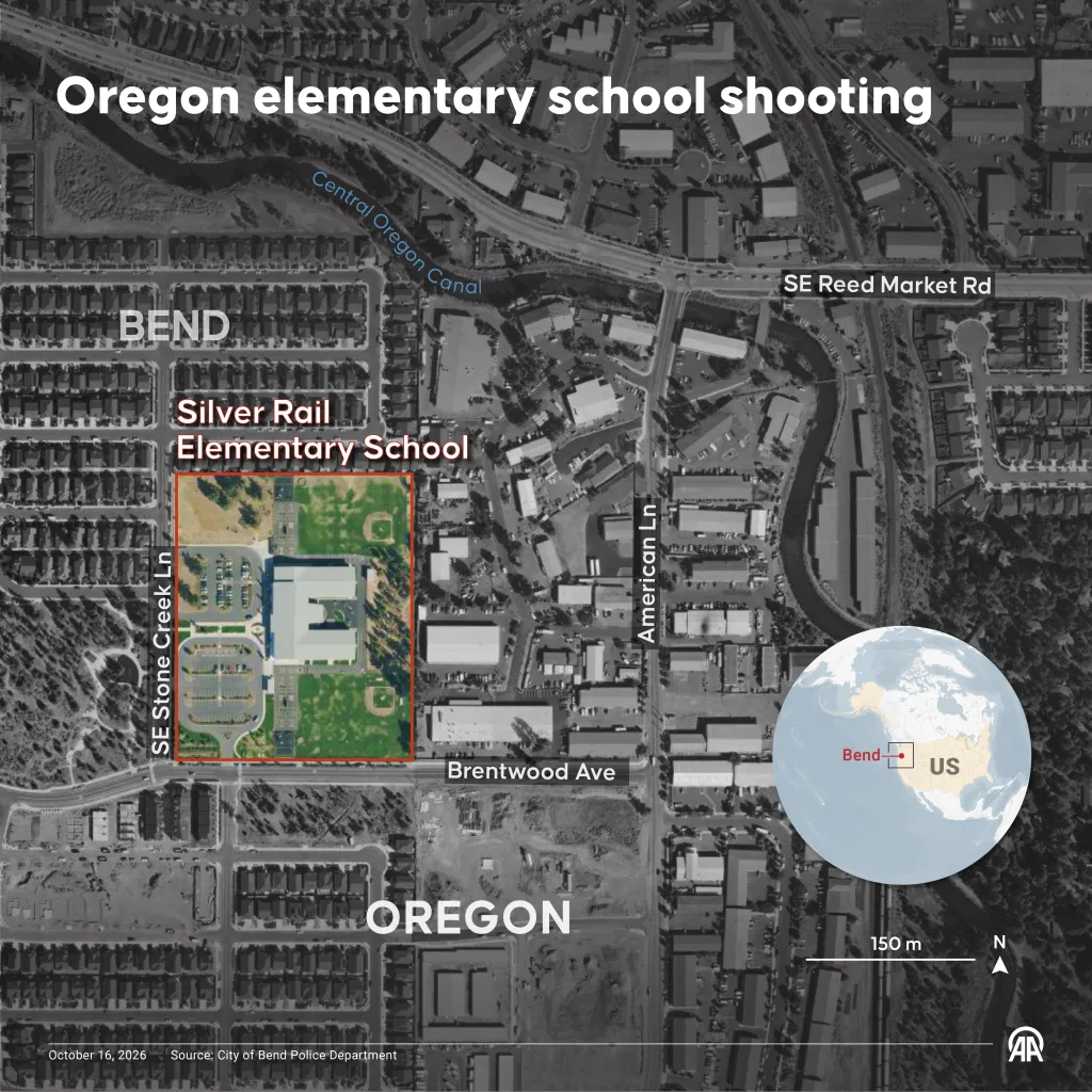 An aerial map of Bend, Oregon, highlighting Silver Rail Elementary School.