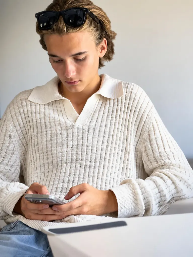 Roman Serfaty looks down while using his phone.