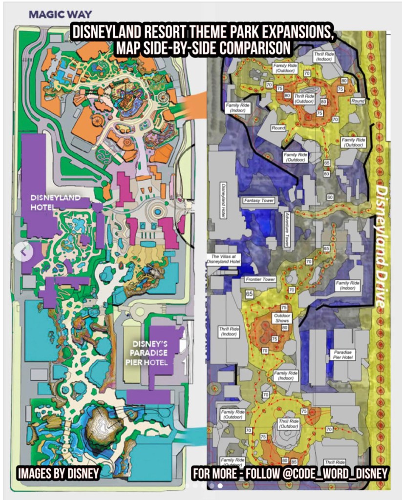 Collage of two side-by-side maps illustrating DisneylandForward expansion plans.