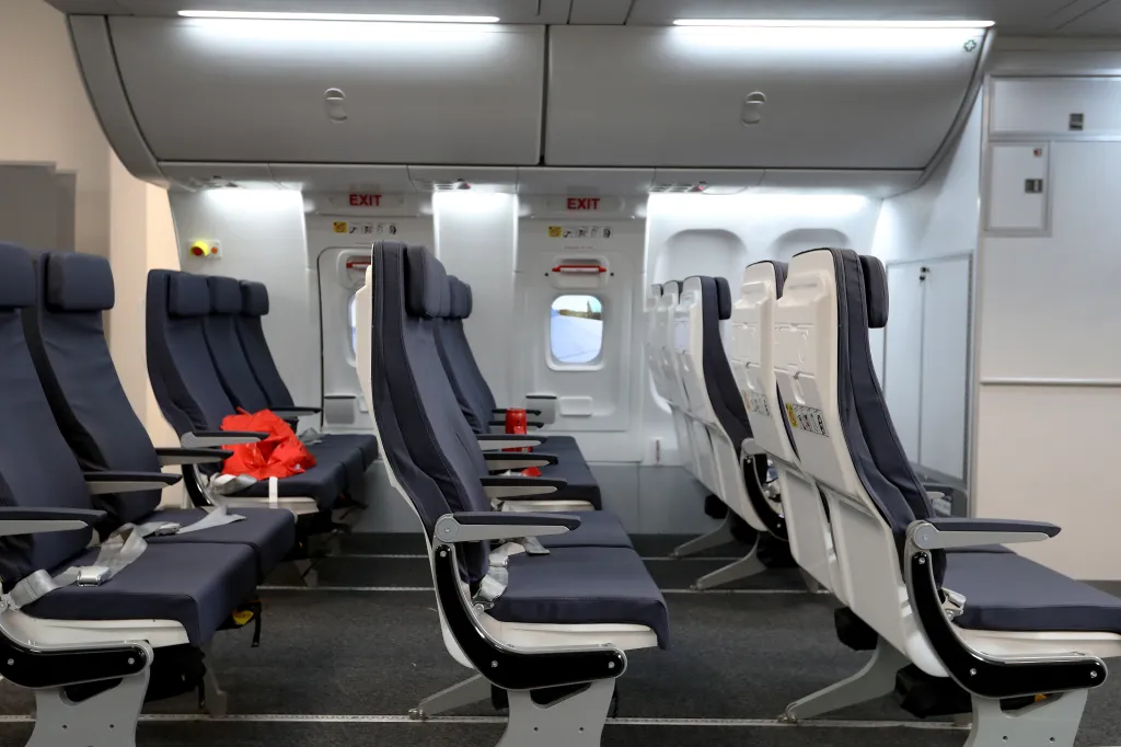 The interior of a Qantas Airways Ltd. mock-up airplane at the company's training facility in Sydney.