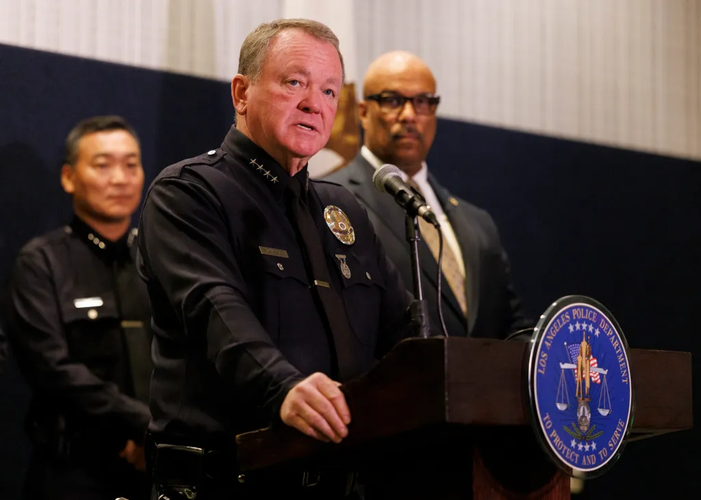 LAPD Chief Jim McDonnell speaks at a press conference at LAPD Headquarters.