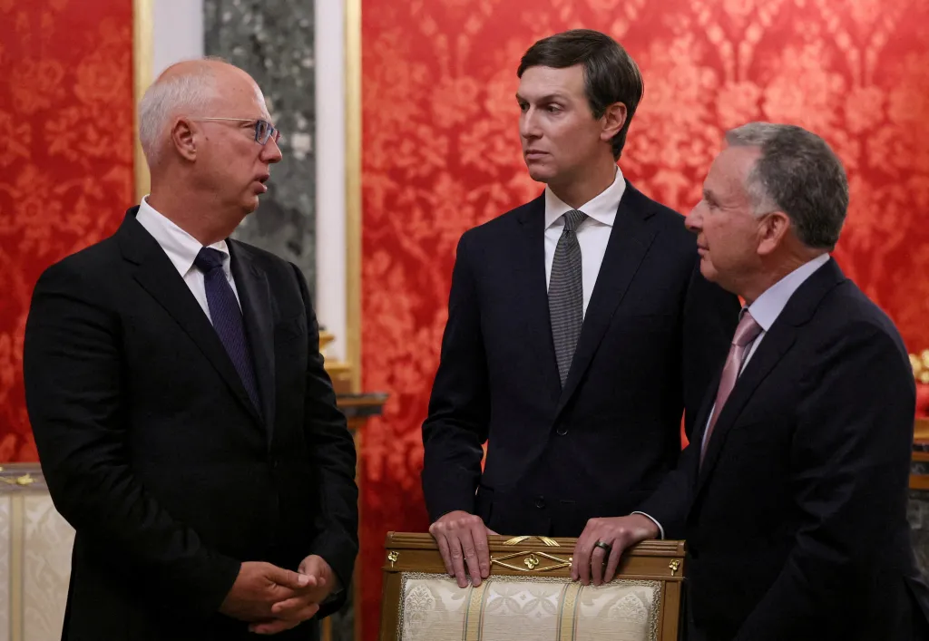 Jared Kushner, US Special Envoy Steve Witkoff and Russian presidential envoy Kirill Dmitriev wait before a meeting with Russian President Vladimir Putin at the Kremlin in Moscow, Russia on Sept. 5, 2026.