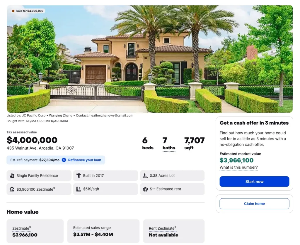 Property listing for a 6-bedroom, 7-bathroom single-family residence at 435 Walnut Ave, Arcadia, CA, priced at $4,000,000.