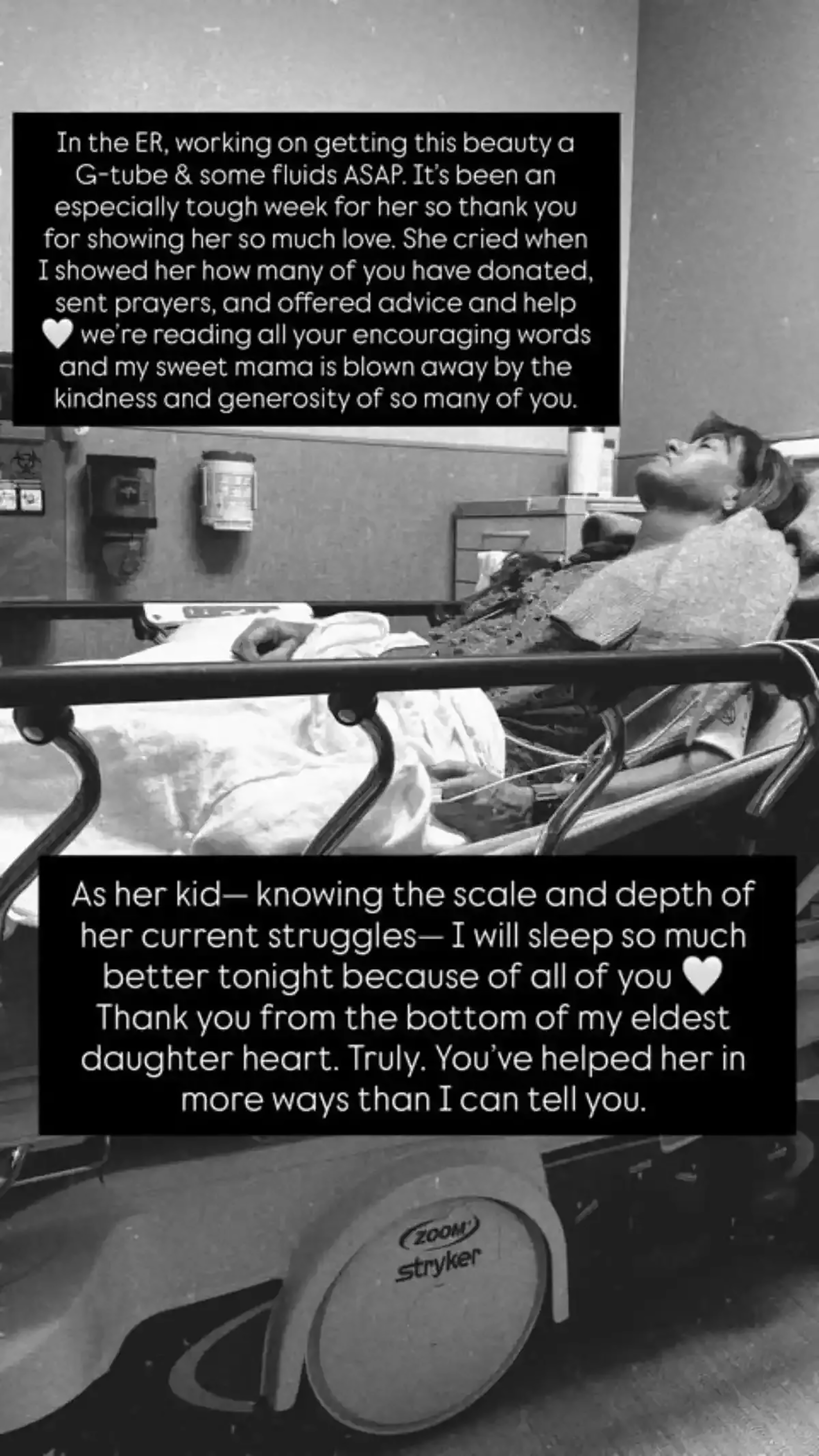 Jeana Keough lying in a hospital bed with overlayed text messages from her daughter about her medical condition and expressions of gratitude.