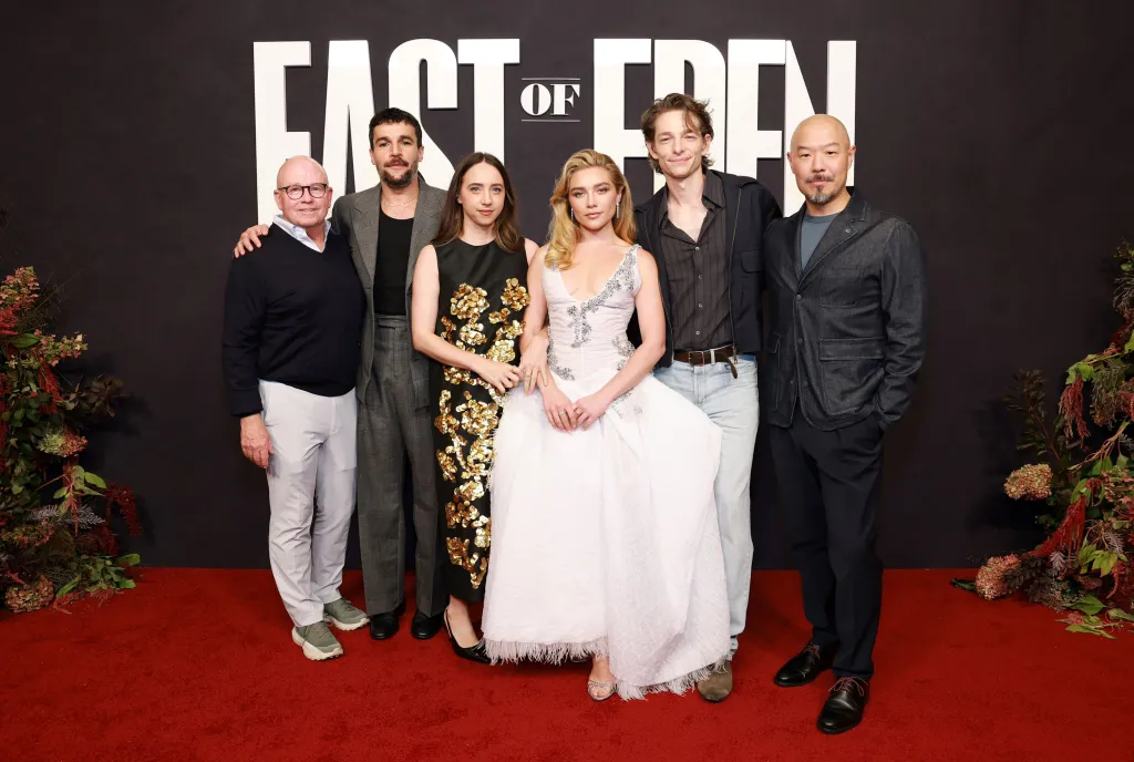 Jeb Stuart, Christopher Abbott, Zoe Kazan, Florence Pugh, Mike Faist and Hoon Lee pose at an East of Eden event.