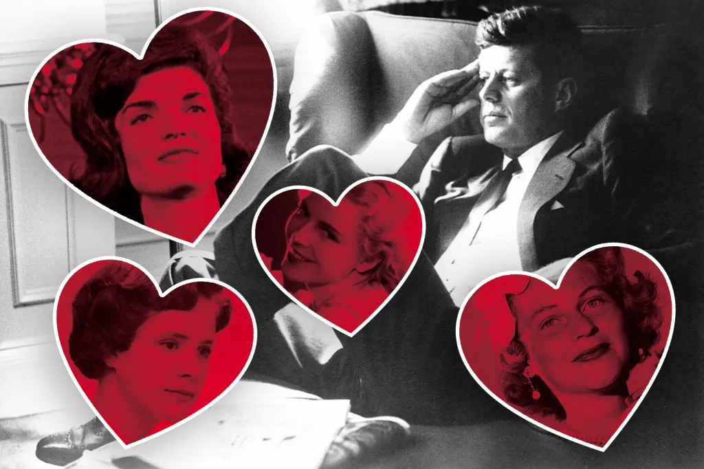 Collage of presidential candidate John F. Kennedy resting, surrounded by four heart-shaped portraits of women.