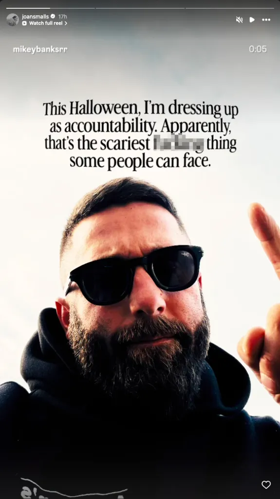 A screenshot of an Instagram Story showing a bearded man wearing sunglasses and a hoodie, with text that reads, 