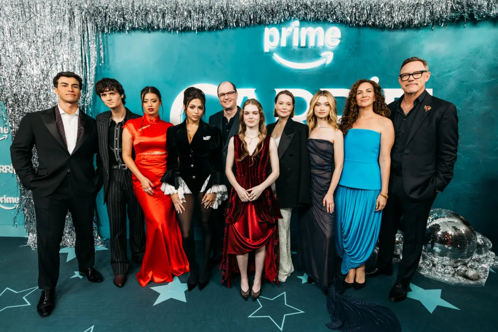 Joel Oulette, Arthur Conti, Amber Midthunder, Josie Totah, Mike Flanagan, Summer H. Howell, Samantha Sloyan, Alison Thornton, Kate Siegel and Matthew Lillard pose for a photo at the Prime Video PROMiere event for Carrie.