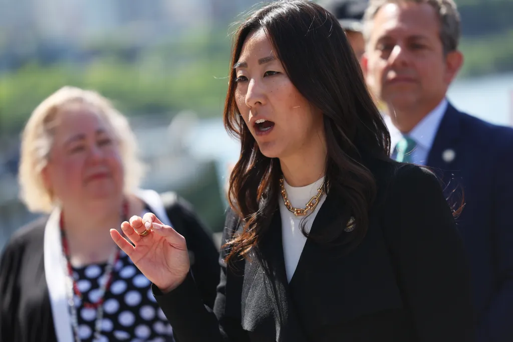 Assembly member Grace Lee speaks during a press conference on the Climate Change Superfund Act.