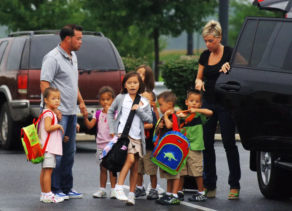 Jon and Kate Gosselin with their children wearing backpacks.