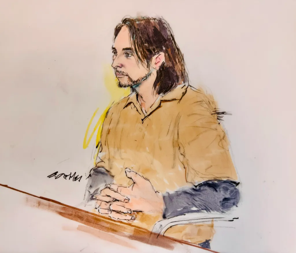 Courtroom illustration of Jonathan Rinderknecht.