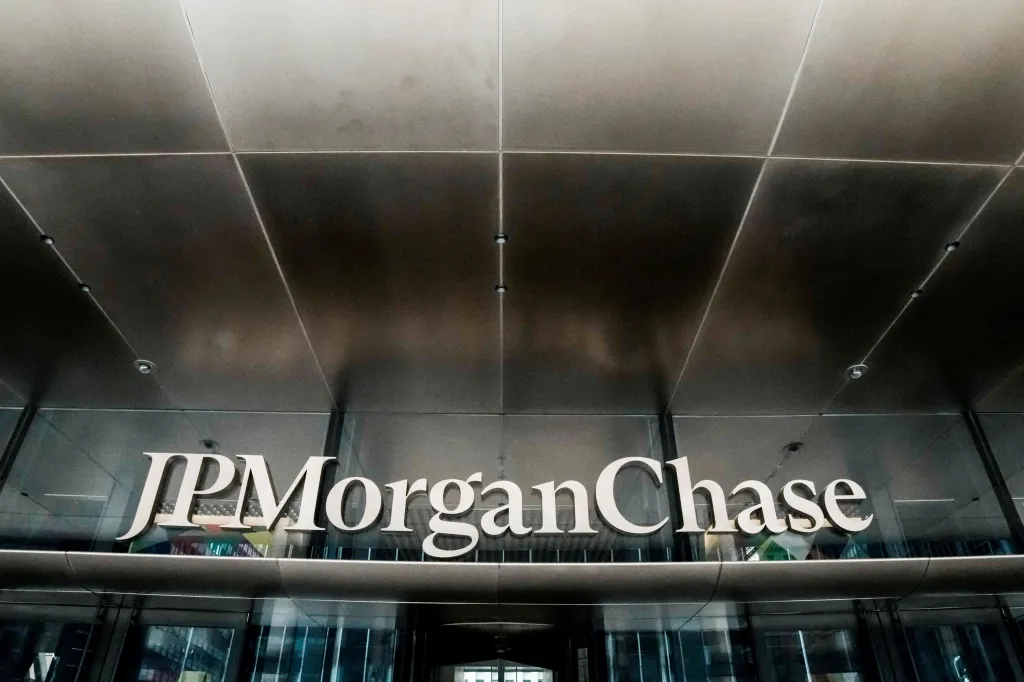 The JPMorgan Chase & Co. logo displayed at an entrance to the company's headquarters in New York.