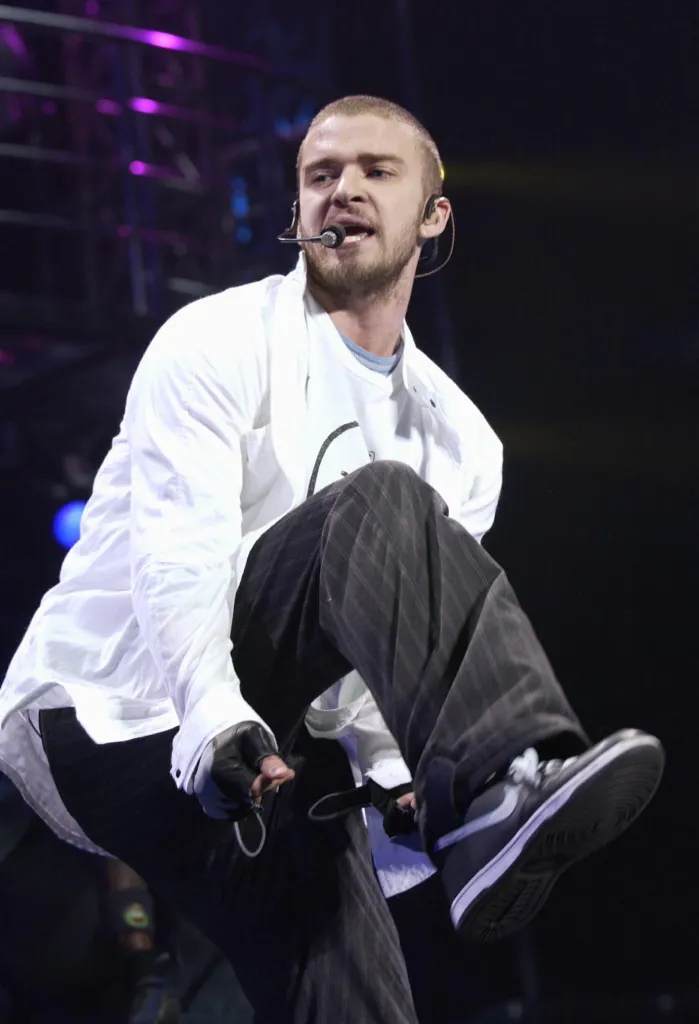 Justin Timberlake performs on stage at Earl's Court in London.