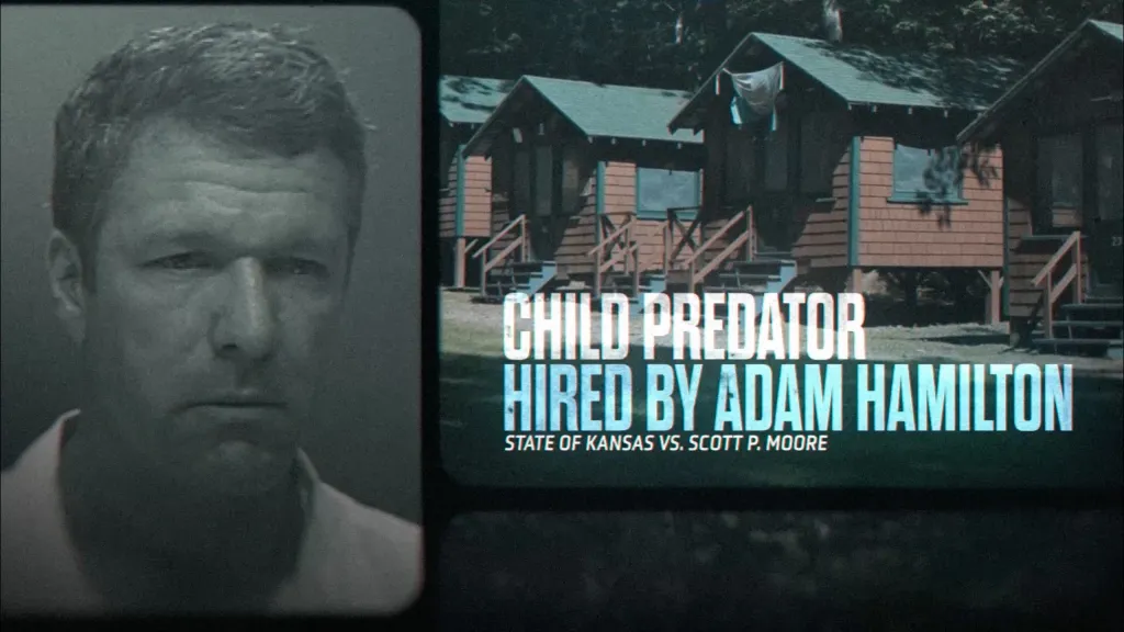 Collage of a man's face and a row of cabins with text reading 
