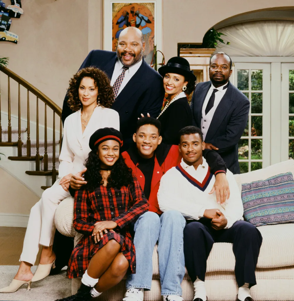Cast photo of the Fresh Prince of Bel-Air in the living room.