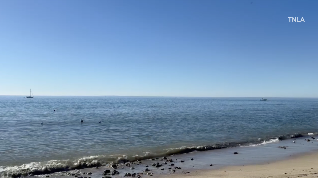 A wide shot of the ocean off Paradise Cove in Malibu where a kayaker was attacked by a shark.