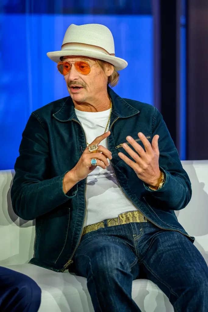 Kid Rock wearing a white fedora and orange-tinted sunglasses during an appearance on Fox & Friends.