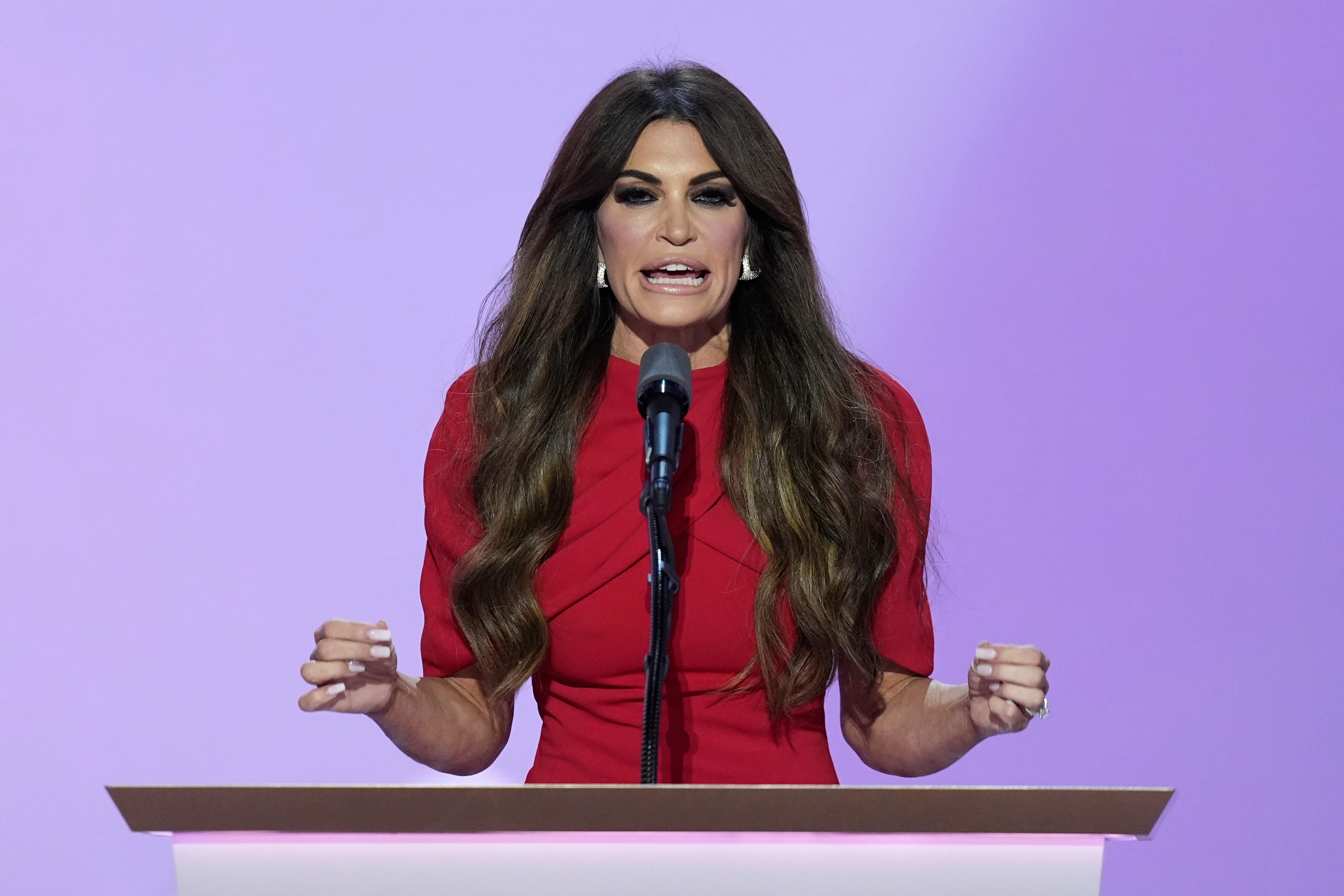 Kimberly Guilfoyle speaks at a podium during the Republican National Convention.