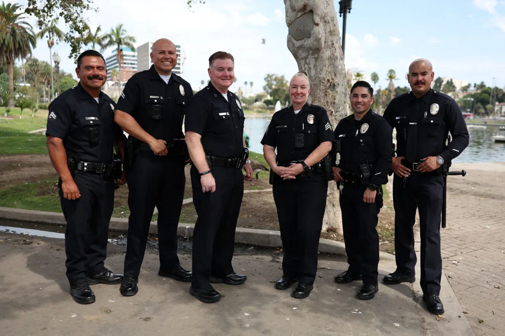 LAPD personnel posing for a photo in MacArthur Park.