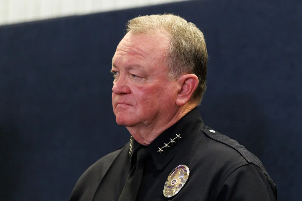 LAPD Police Chief Jim McDonnell at a press conference.