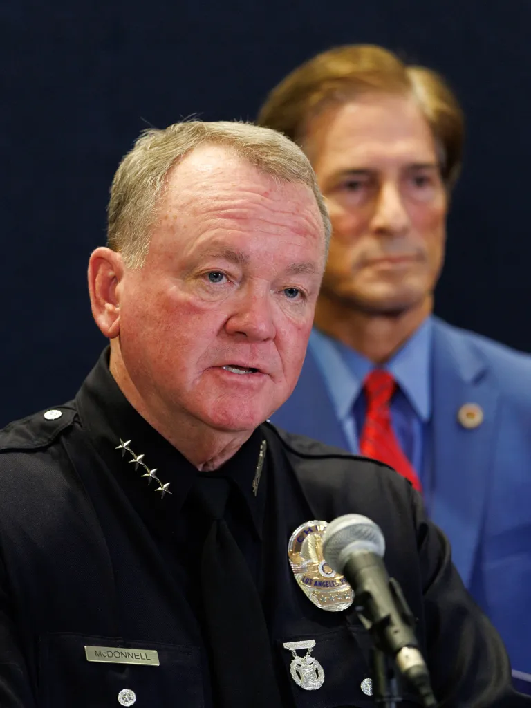 Los Angeles Police Chief Jim McDonnell speaks at a press conference at LAPD headquarters.