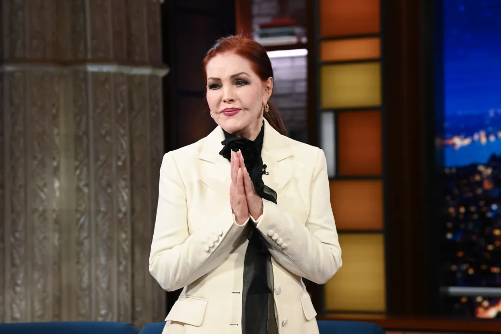 Priscilla Presley guesting on The Late Show with Stephen Colbert.