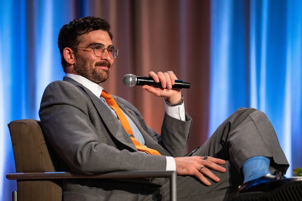 Leftist Twitch streamer Hasan Piker speaks at an event hosted by the University Democrats at The University of Texas in Austin.