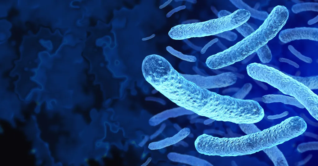 Illustration of Legionella bacteria cells against a blue background.
