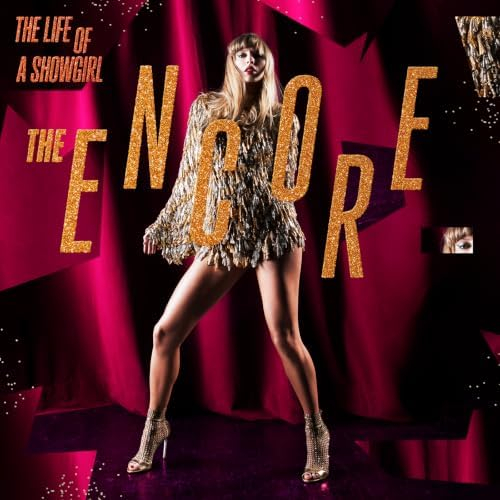The Life of a Showgirl Encore cover featuring a woman in a sparkling gold dress against a magenta curtain background.