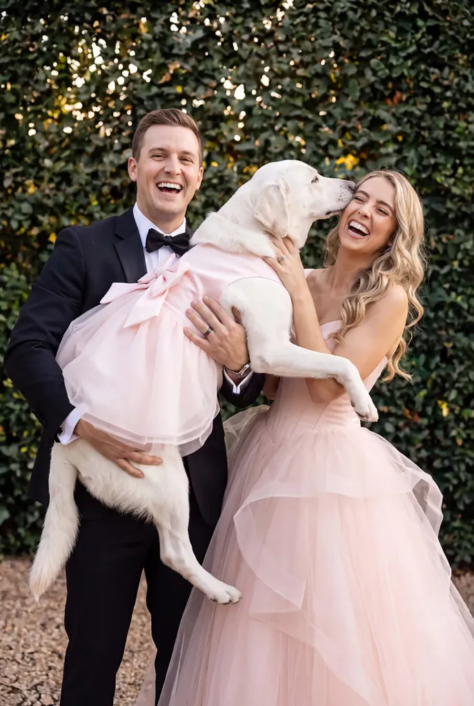 A bride in a pink dress and a groom in a tuxedo laugh as they hold a white dog wearing a matching pink dress.