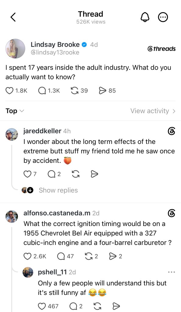 A screenshot of a social media thread by Lindsay Brooke asking, 