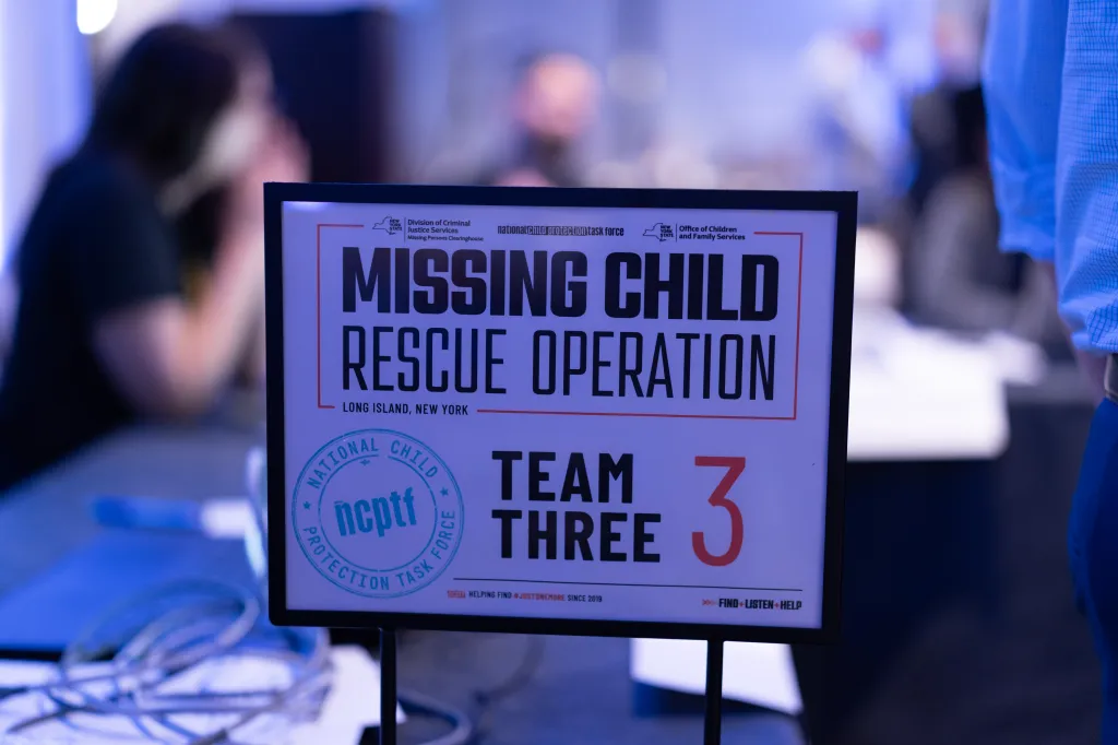 A sign for the Long Island Missing Child Rescue Operation, designating Team 3.