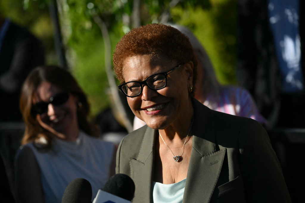 Los Angeles Mayor Karen Bass speaks during a news conference in Los Angeles.