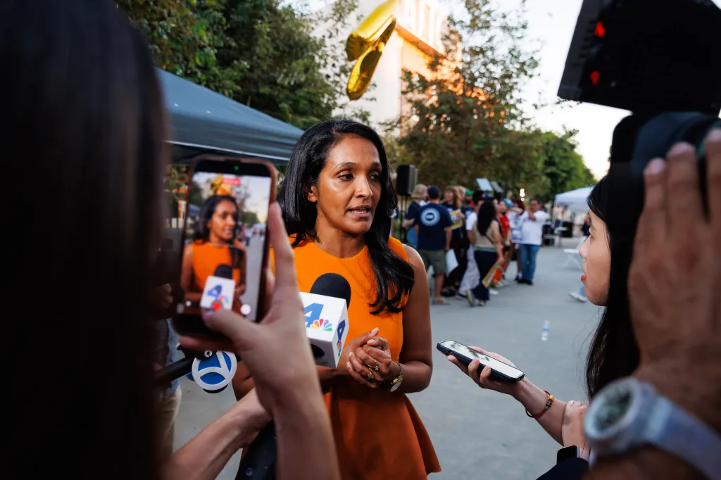 Los Angeles mayoral candidate Nithya Raman speaks with members of the media.