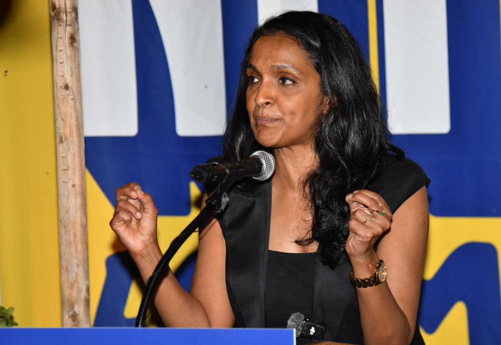 Los Angeles mayoral candidate Nithya Raman speaks at an LGBTQ campaign event.