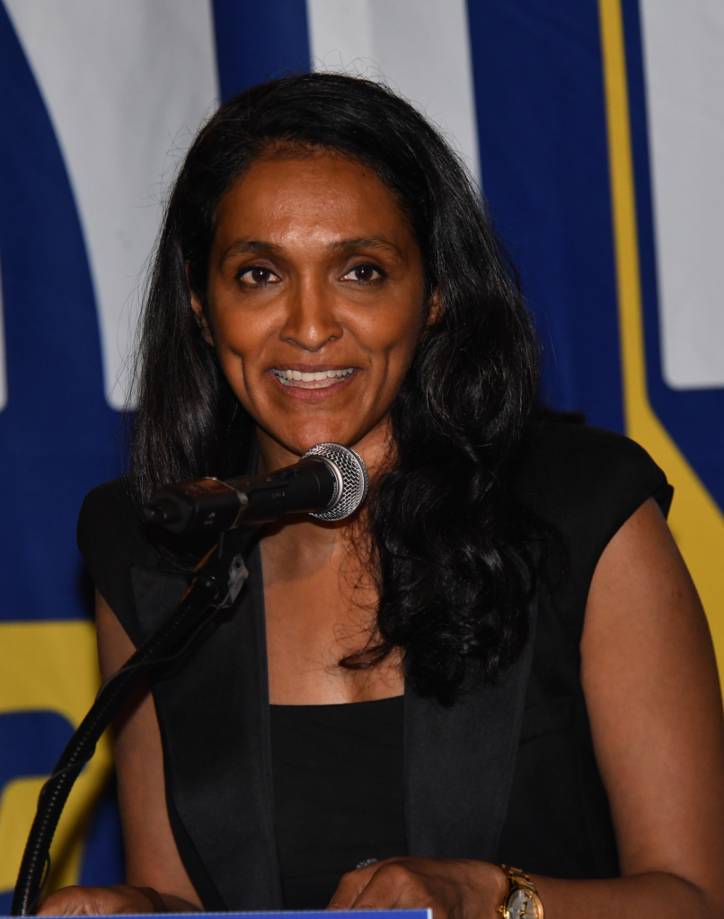 Los Angeles mayoral candidate Nithya Raman speaks at an LGBTQ campaign event.