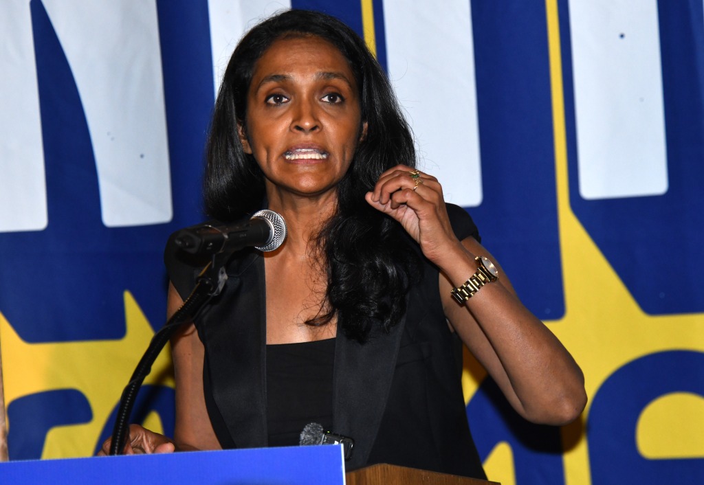 Los Angeles mayoral candidate Nithya Raman speaks at an LGBTQ campaign event.