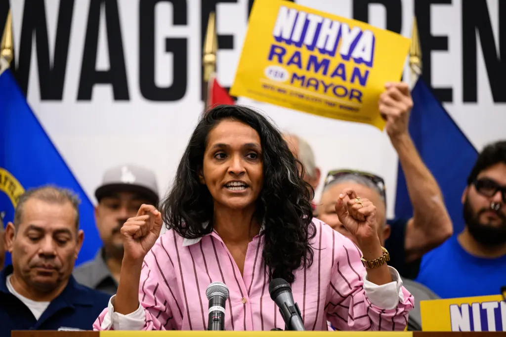 Los Angeles mayoral candidate Nithya Raman speaks during a campaign event.