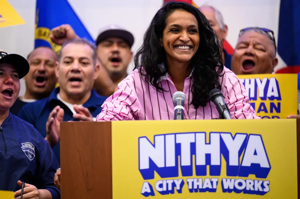 Los Angeles mayoral candidate Nithya Raman speaks during a campaign event.